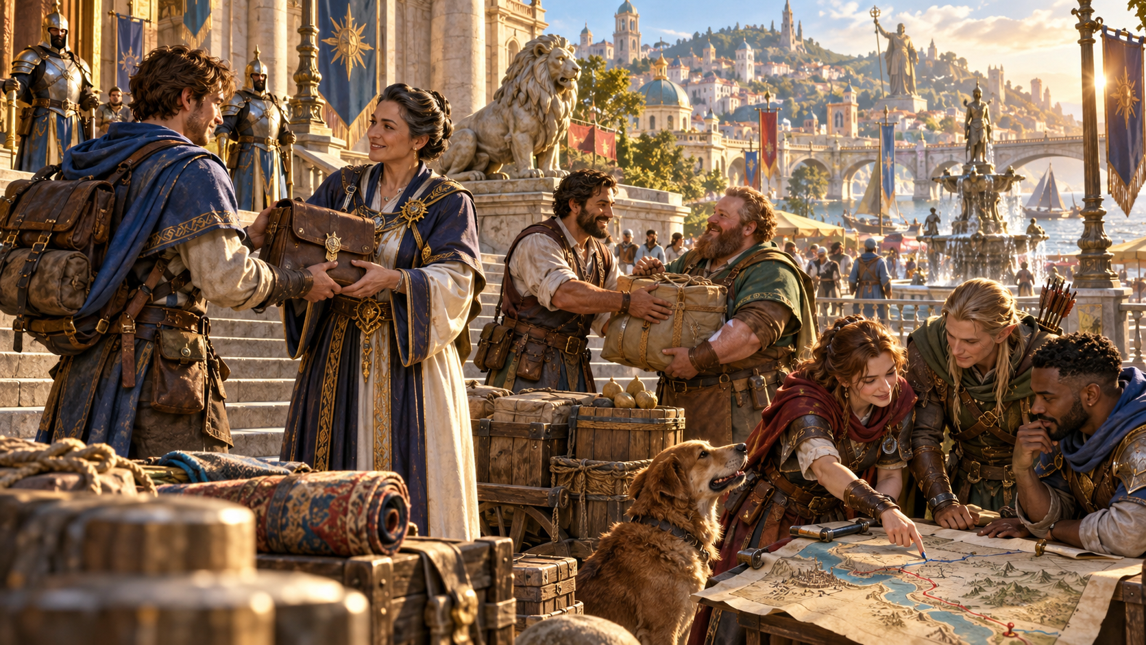 Traveller exchanges a satchel at civic steps while companions check a map route near a merchant