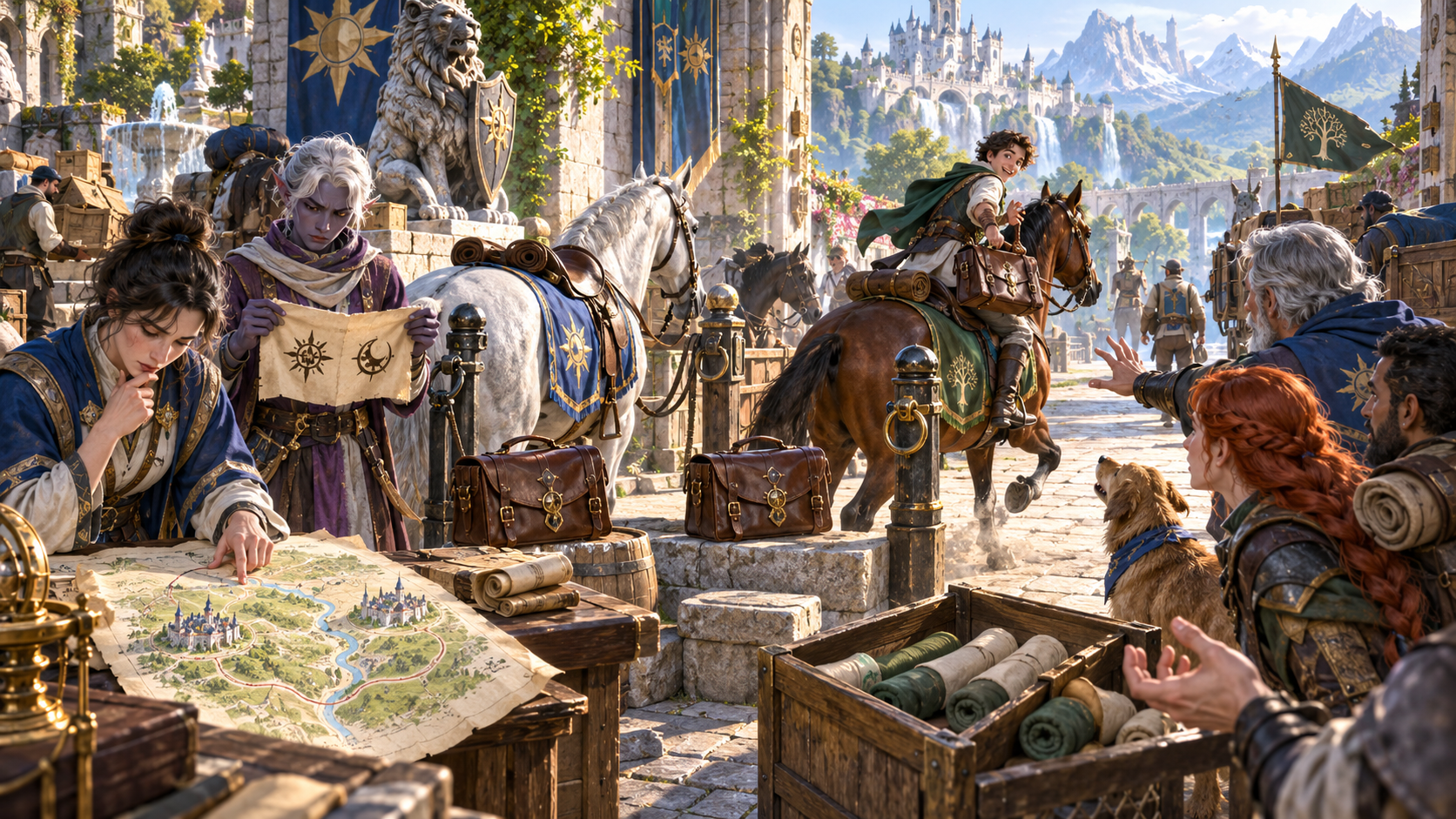 Travellers compare a map and sun and moon symbols at a city gate as a messenger rides away past similar satchels
