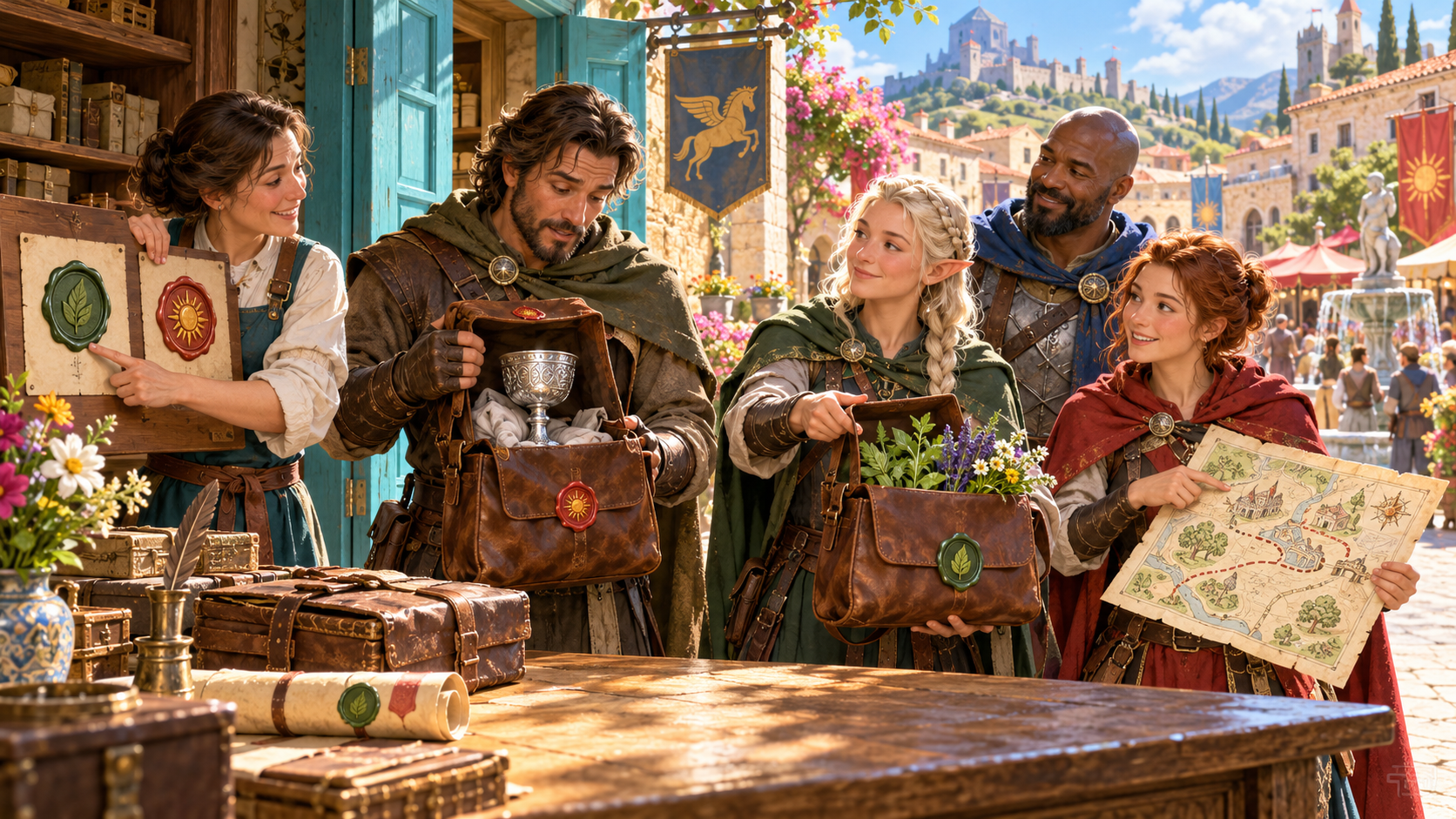 Merchant and adventurers compare leaf and sun seal satchels and a map at a fantasy market